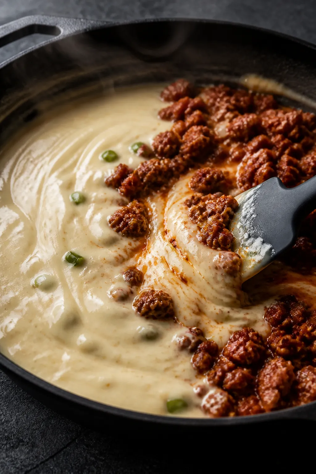Cooking process close-up: In-pan shot of silky white queso just after the cheeses have melted, gentl