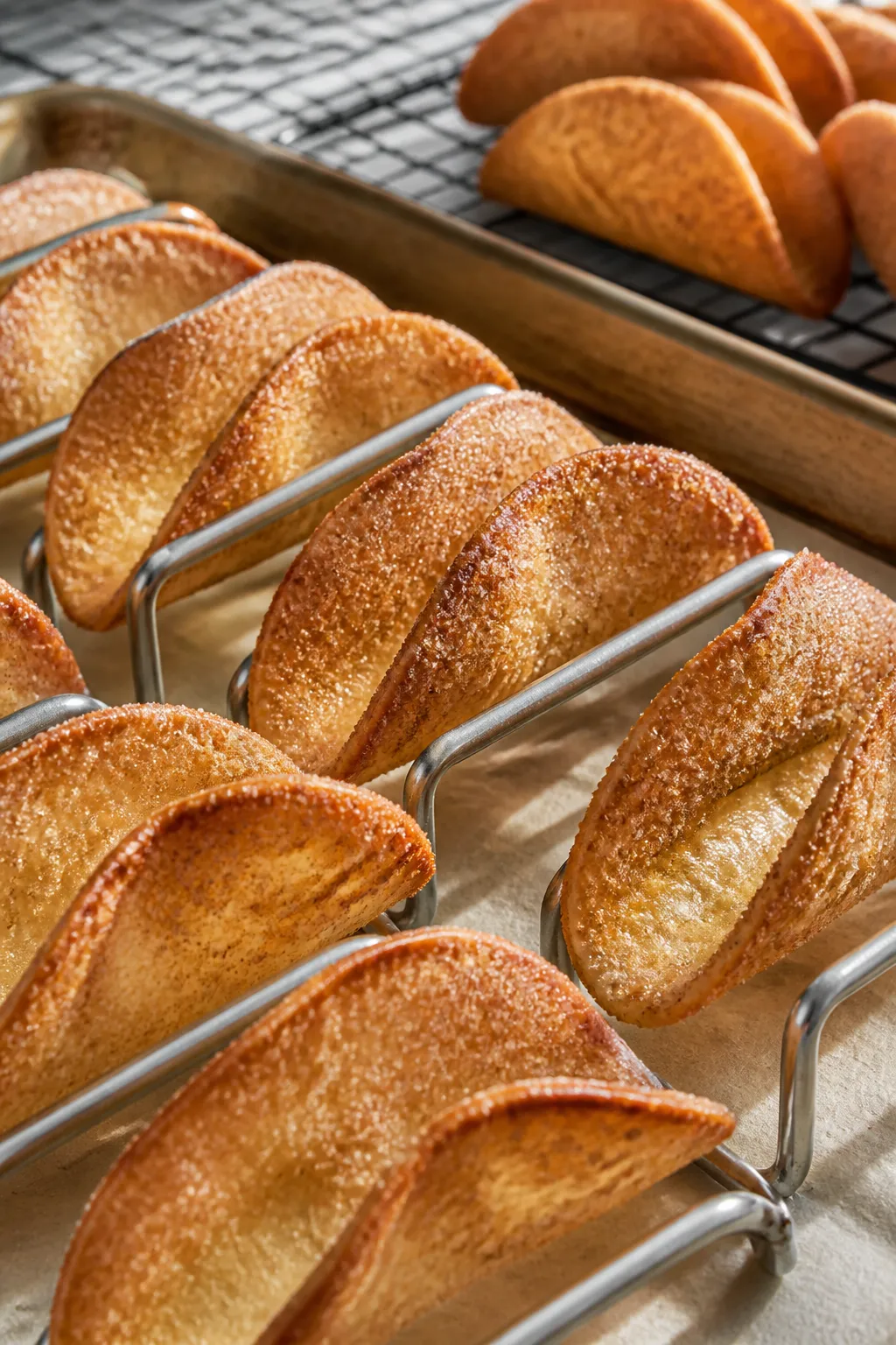 Cooking process close-up: Mini dessert taco shells just out of the oven, draped over metal taco rack
