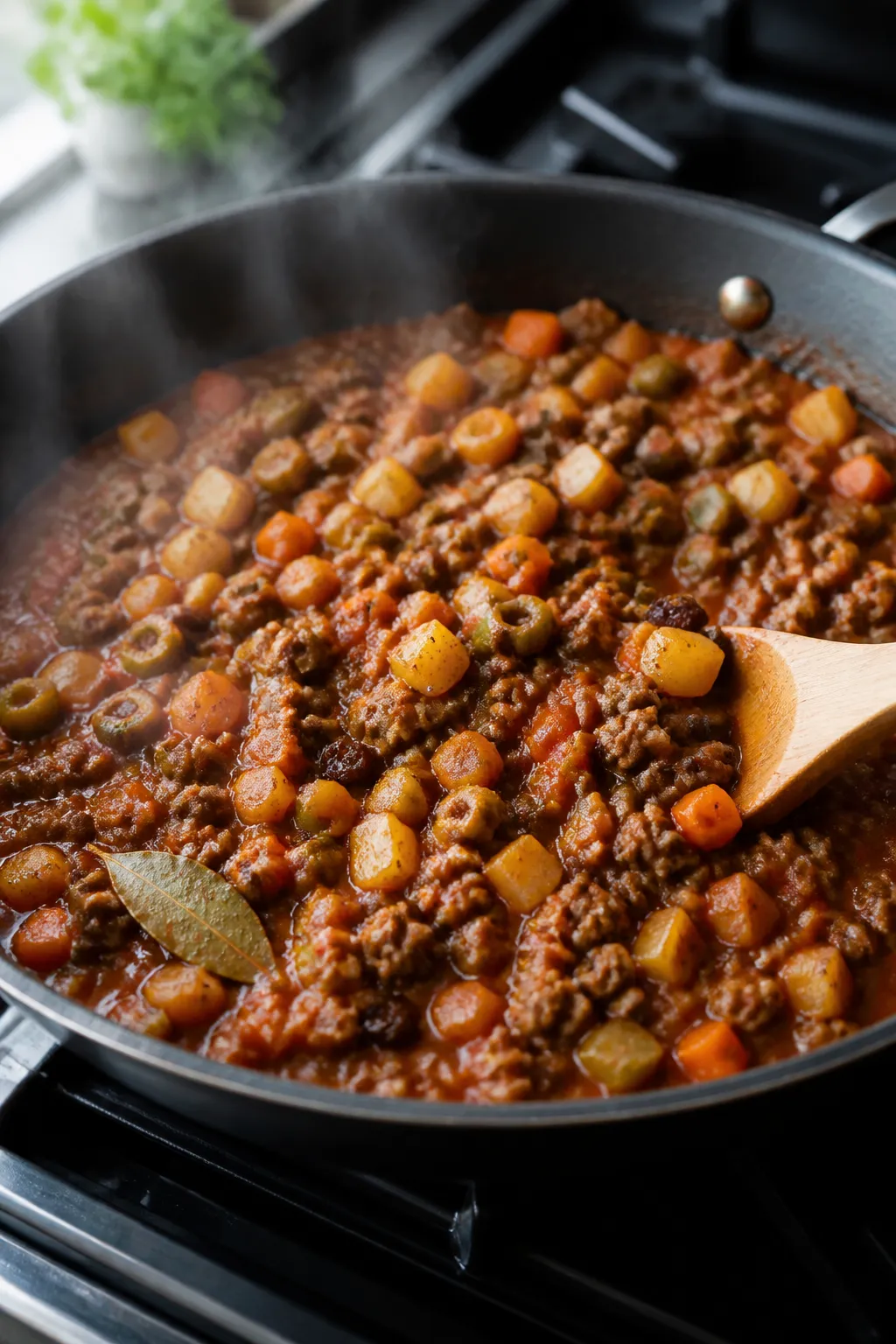 Cooking process, close-up: Picadillo simmering in a wide black skillet on the stovetop, overhead thr