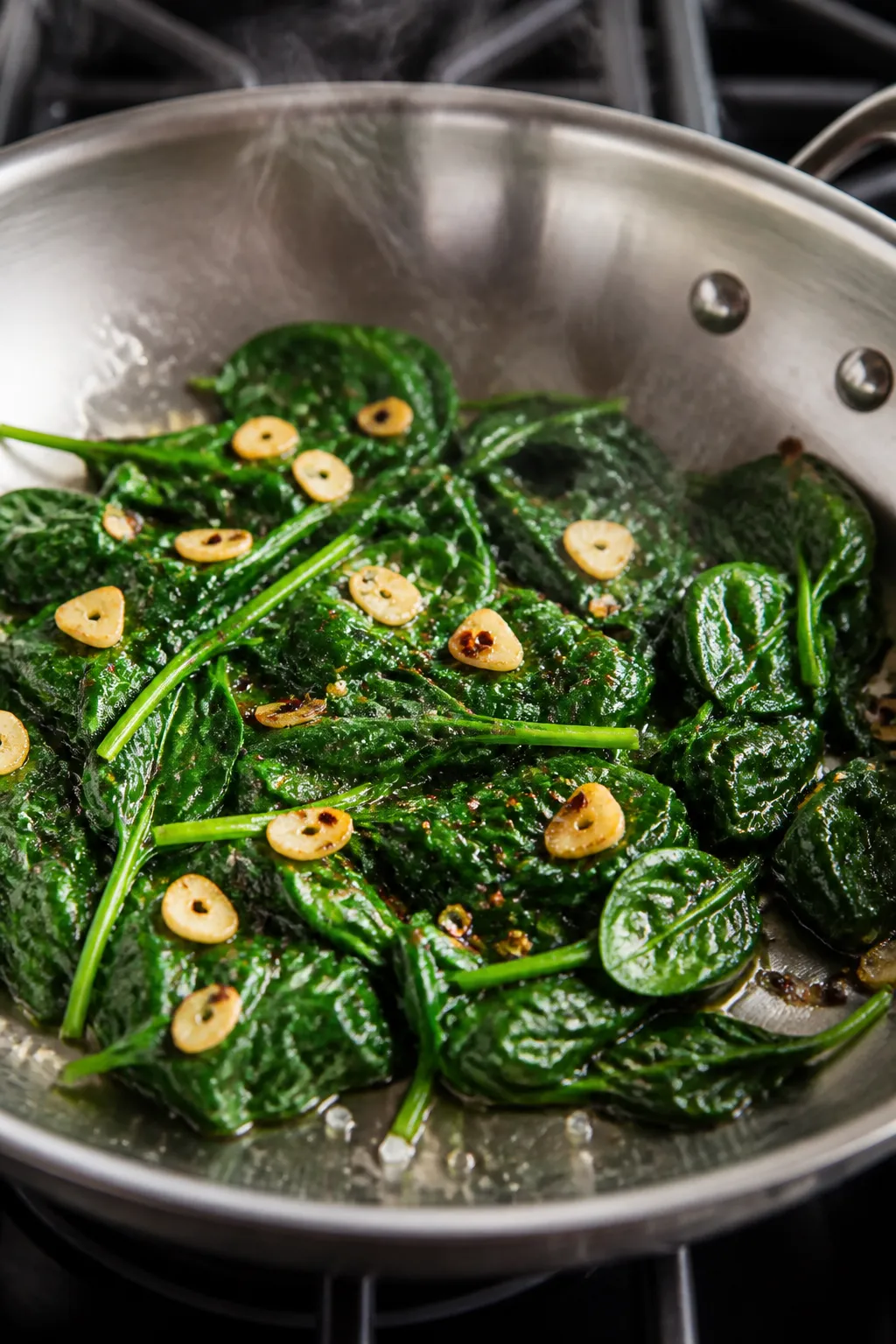 Cooking process close-up: Sautéed spinach with thinly sliced golden garlic sizzling in a wide stain