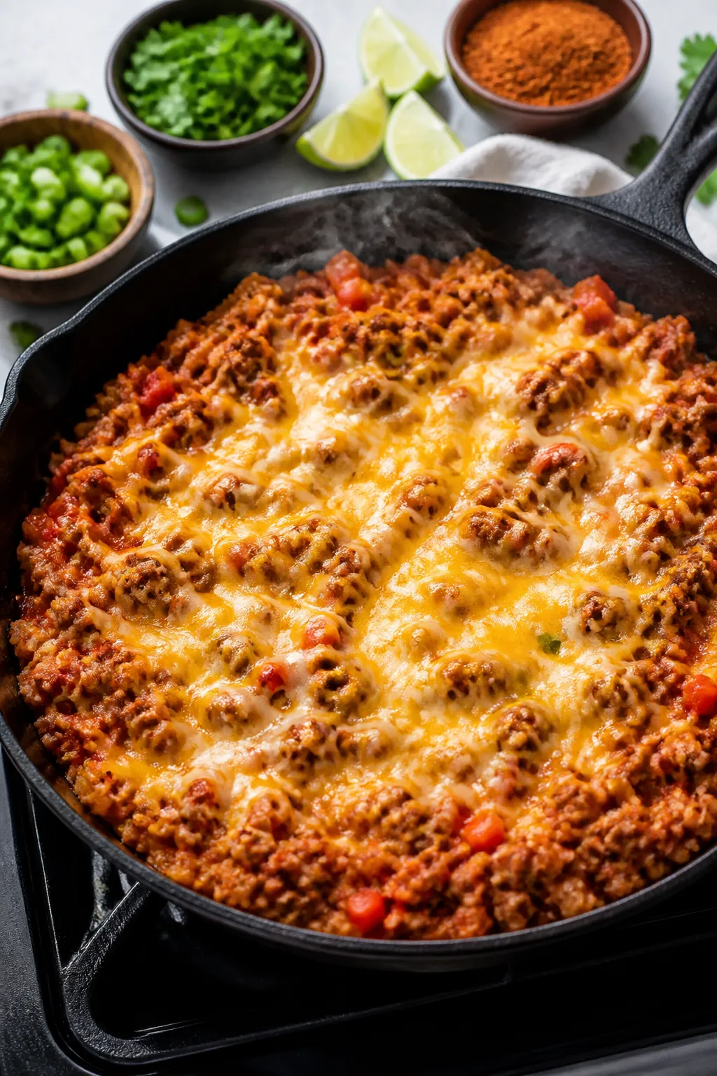 Cooking process — melting cheese moment: Overhead shot of a cast-iron skillet filled with taco-sea
