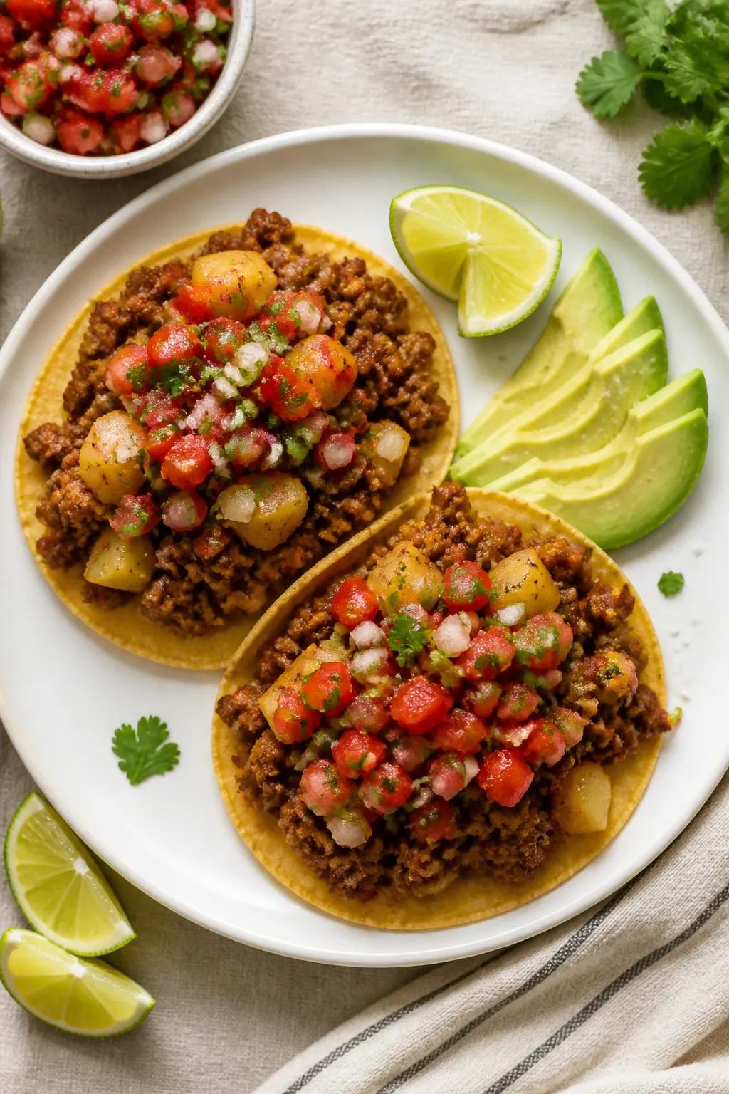 Final dish, overhead plated: Mexican-style picadillo spooned onto warm corn tortillas on a matte whi