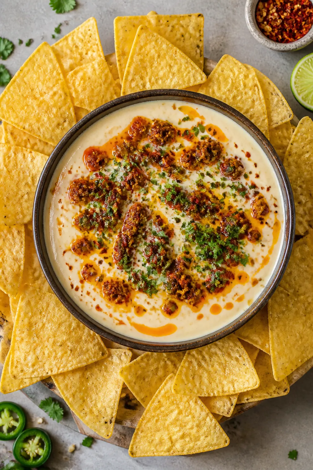 Final dish overhead: Tasty top-view of a warm serving bowl filled with ultra-creamy white cheese que
