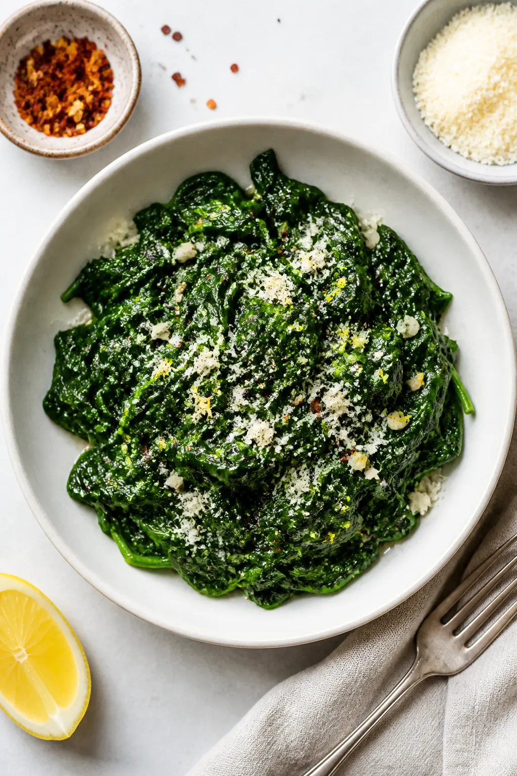 Final dish overhead: Top-down shot of sautéed spinach with garlic and parmesan piled into a shallow