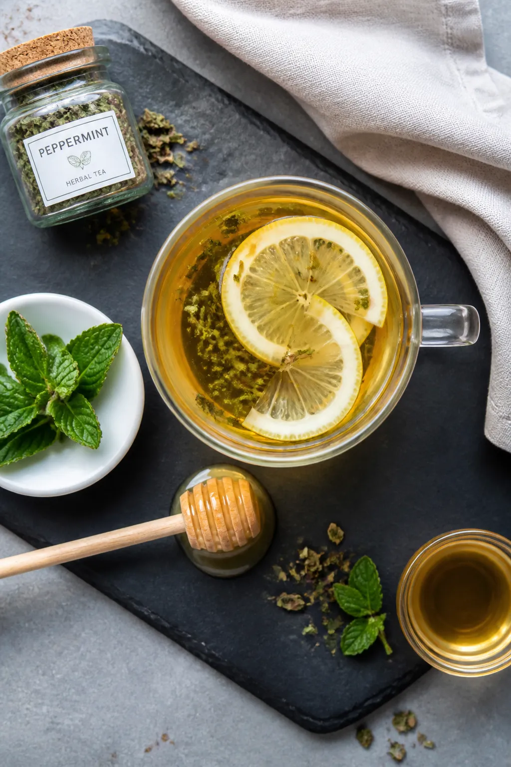 Final dish, tasty top view: Overhead shot of a finished cup of hot peppermint tea—clear glass mug 