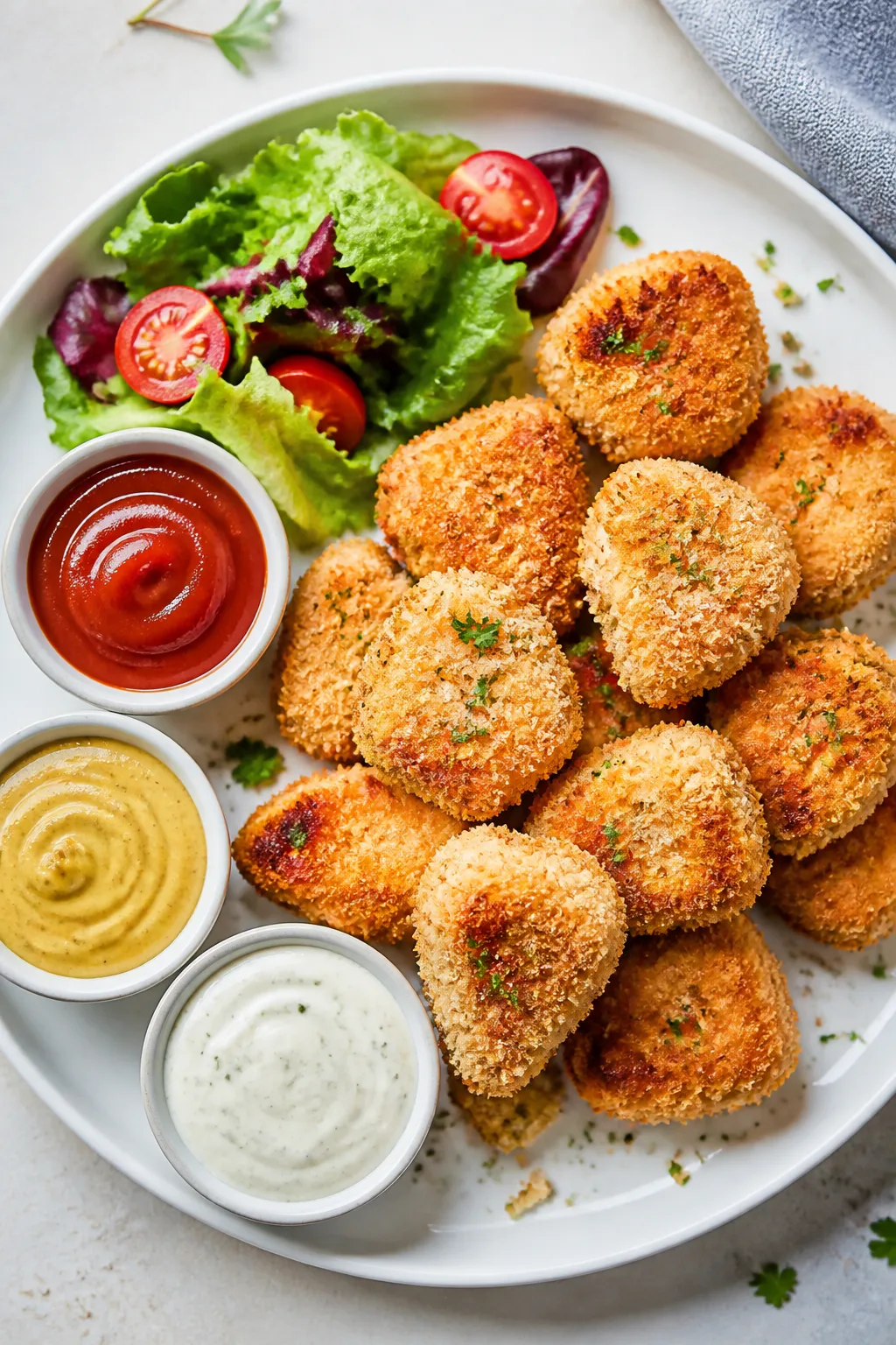 Final dish, tasty top view: Overhead shot of a modern white plate piled with crisp, evenly browned b