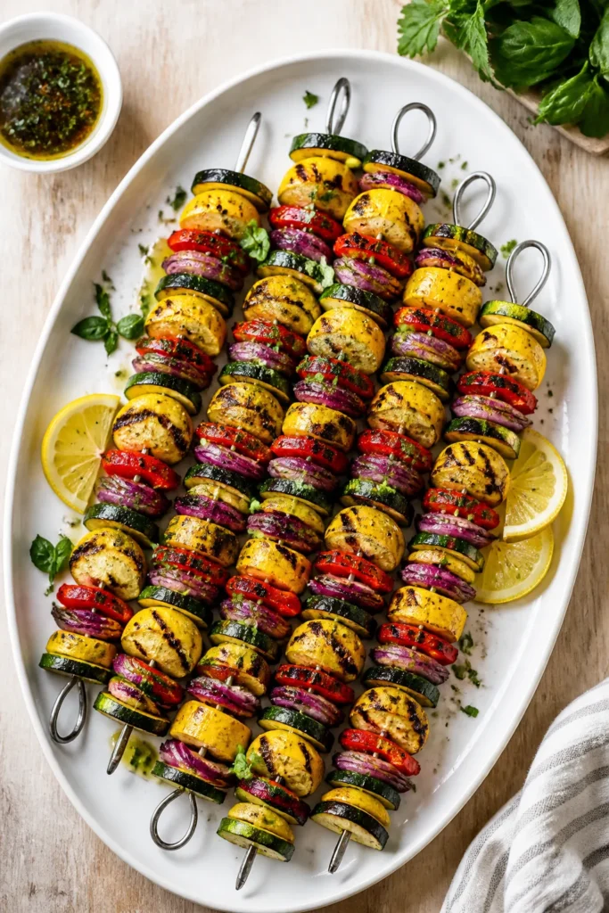 Final dish, tasty top view: Overhead shot of a platter of finished grilled squash and zucchini kabob