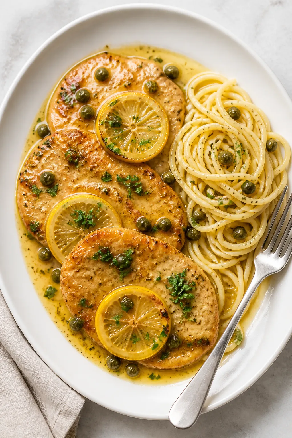 Final dish, tasty top view: Overhead shot of authentically plated Italian Chicken Piccata—thin, te