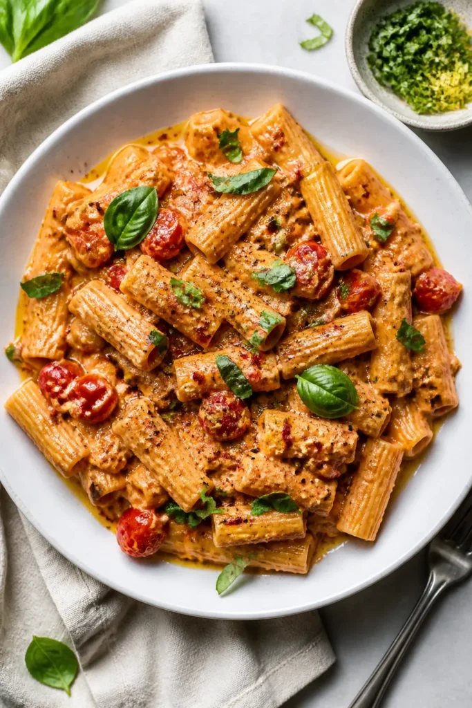 Final dish, tasty top view: Overhead shot of creamy baked feta tomato pasta (rigatoni) tossed until