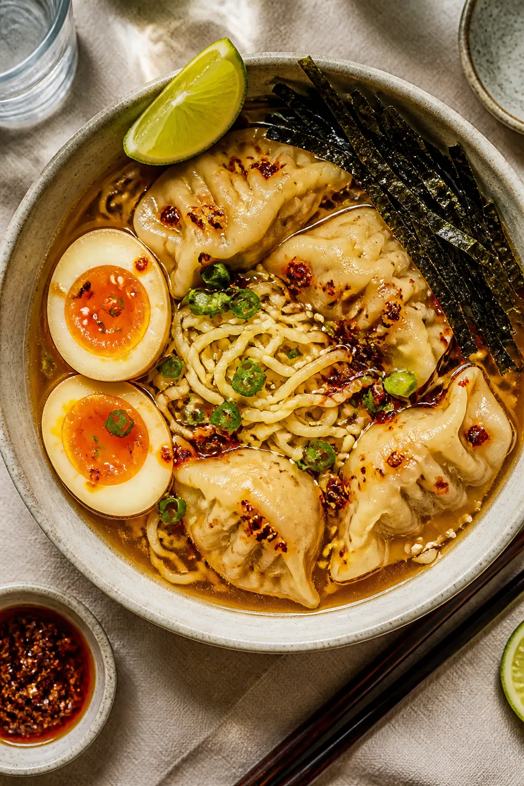 Final plated overhead: Restaurant-quality bowl of dumpling ramen, ; five tender dumplings arranged a