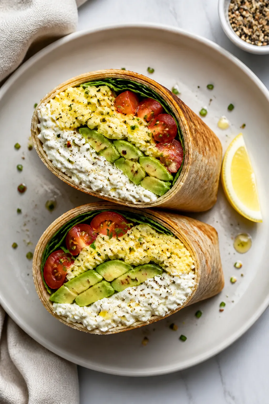 Final plated overhead: Sliced-in-half high-protein breakfast wrap on a matte white plate, revealing 