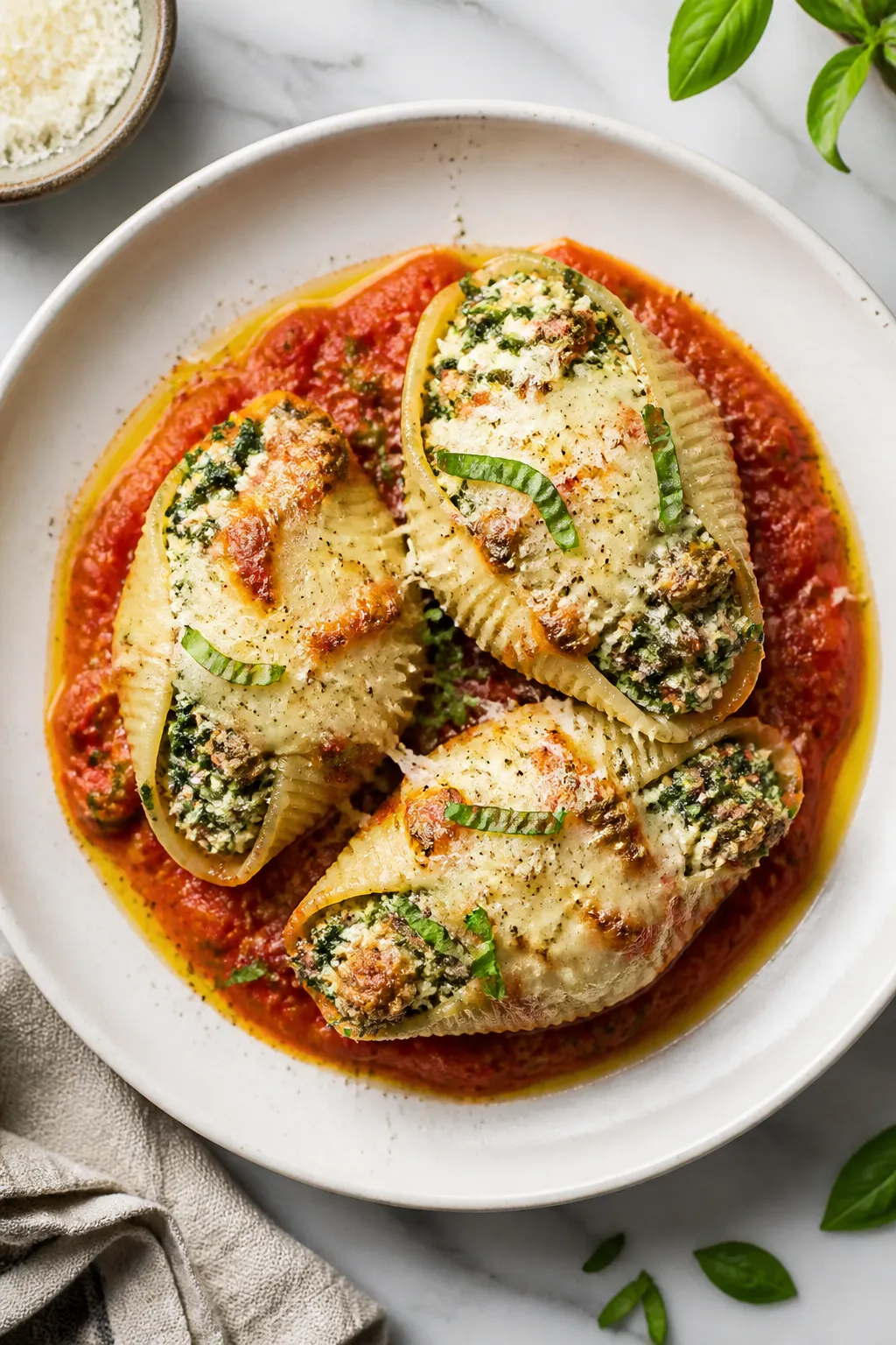 Final plated overhead: Tasty top-down shot of 3 sausage, ricotta, and spinach stuffed shells nestled