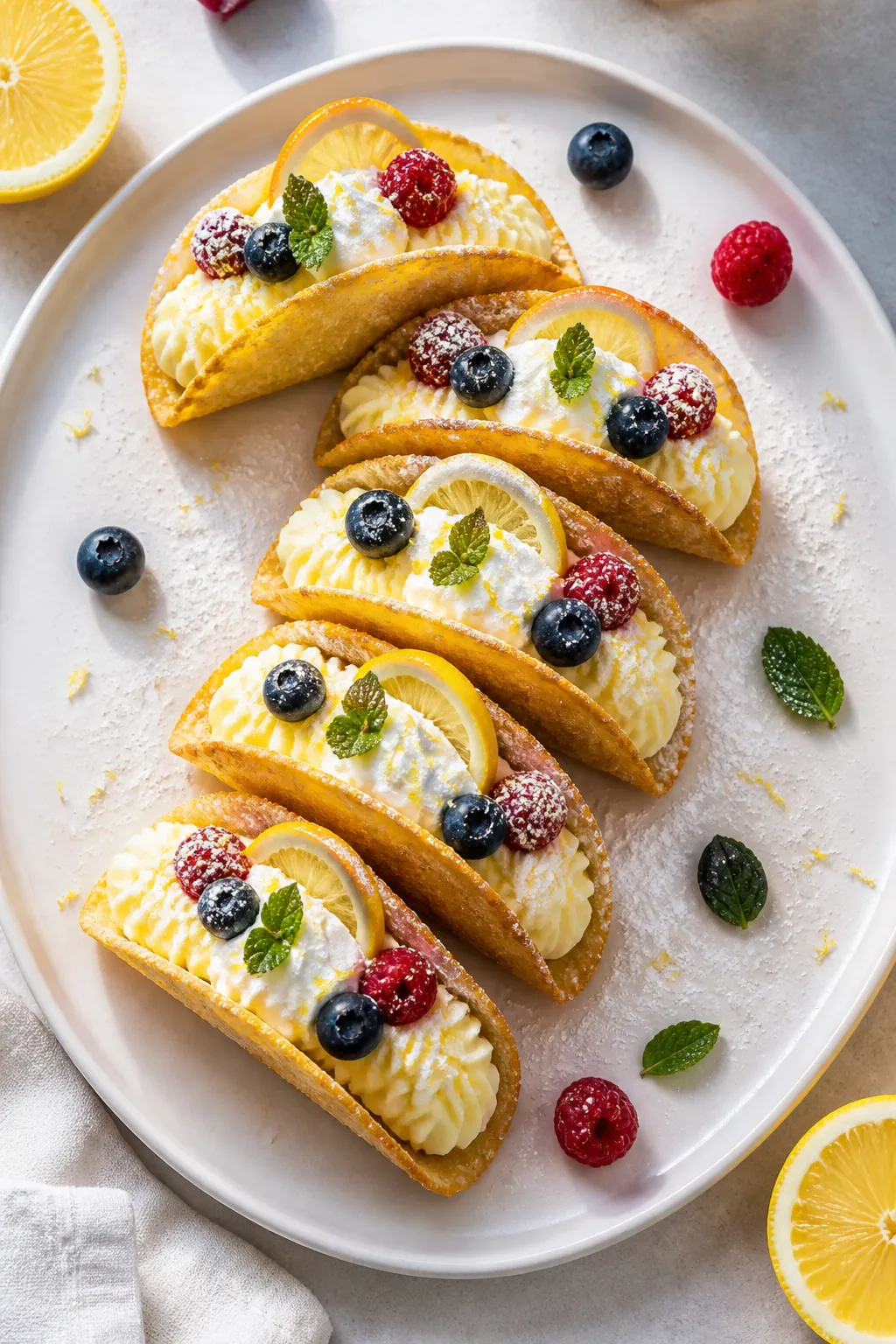 Final plated overhead: Zesty Lemon Mini Dessert Tacos arranged in a neat fan on a matte white platte