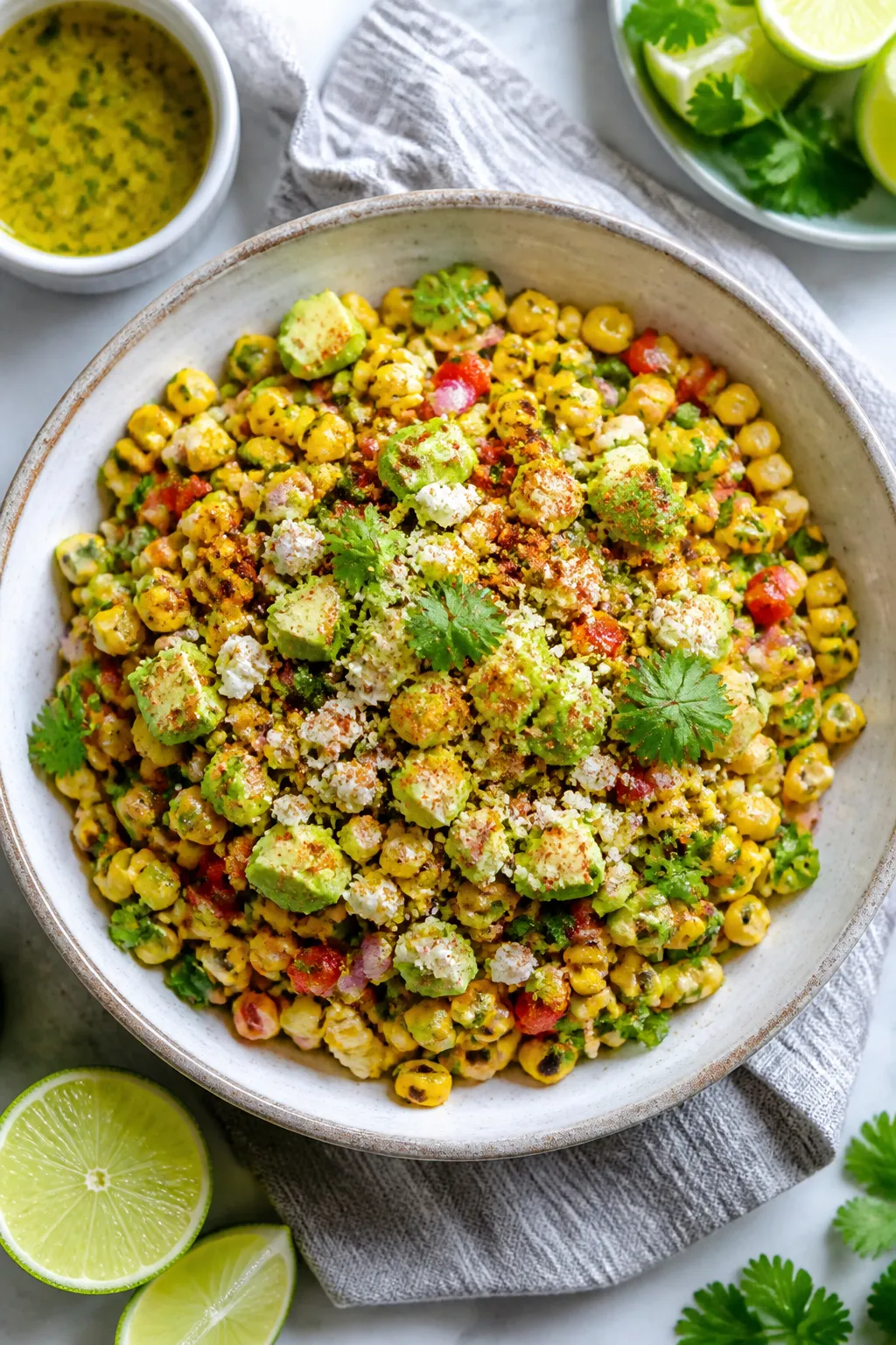 Final plated, tasty top view: Overhead shot of the finished grilled corn salad in a wide, shallow ce