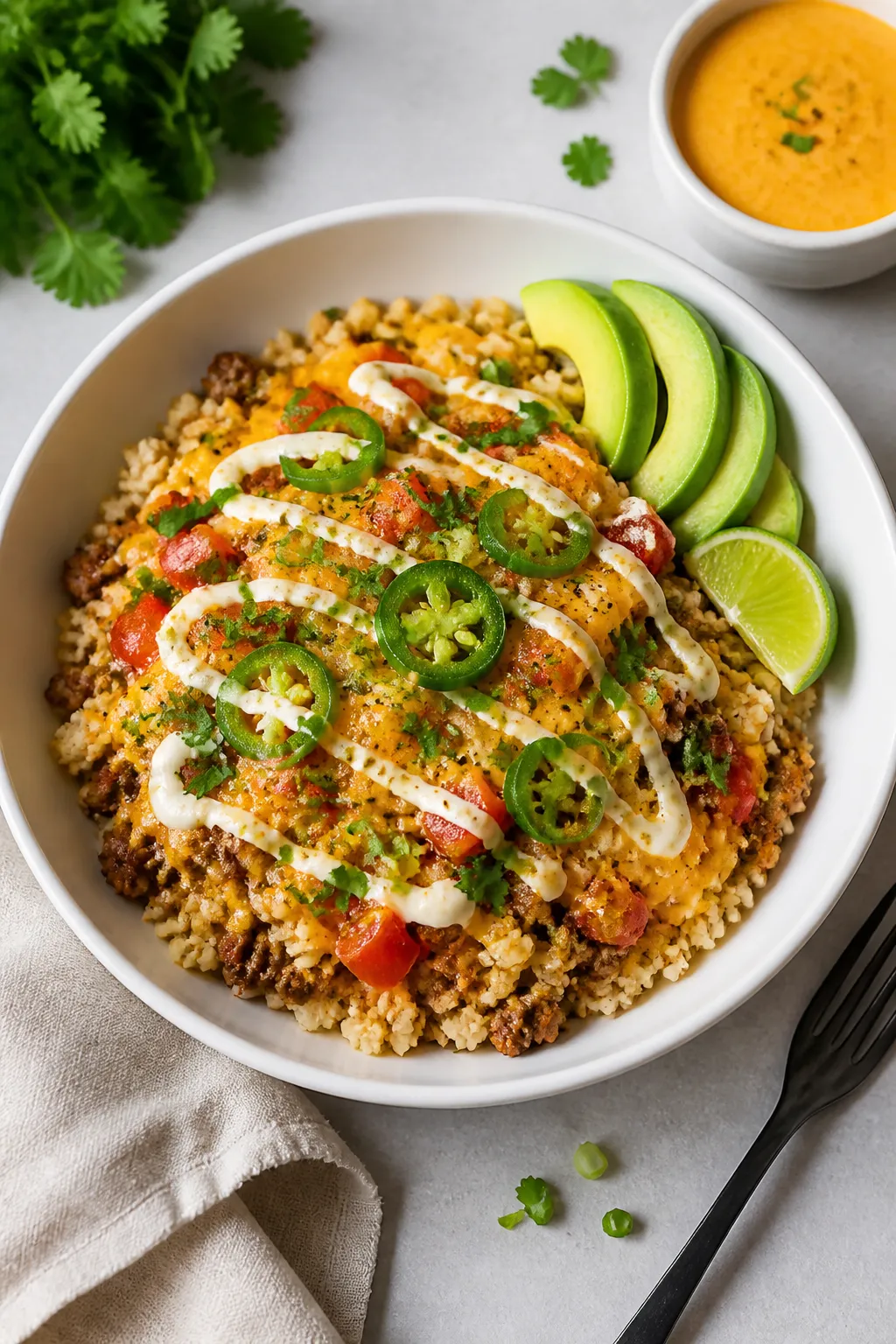Final plated — weeknight skillet serving: Tasty of a generous scoop of cheesy taco ground beef and