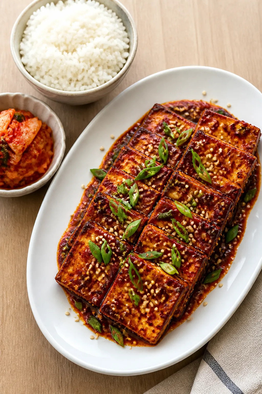 Overhead final presentation of dubu jorim: neatly shingled tofu pieces coated in a deep mahogany gla