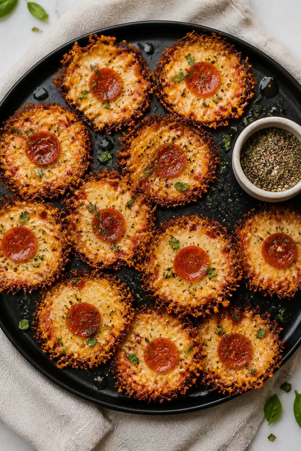 Overhead final presentation of sugar-free crispy pizza chips arranged on a matte black platter for s