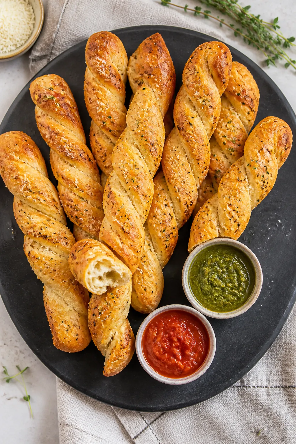 Overhead final presentation of warm cheese twists arranged in a fan on a matte stone platter with a 