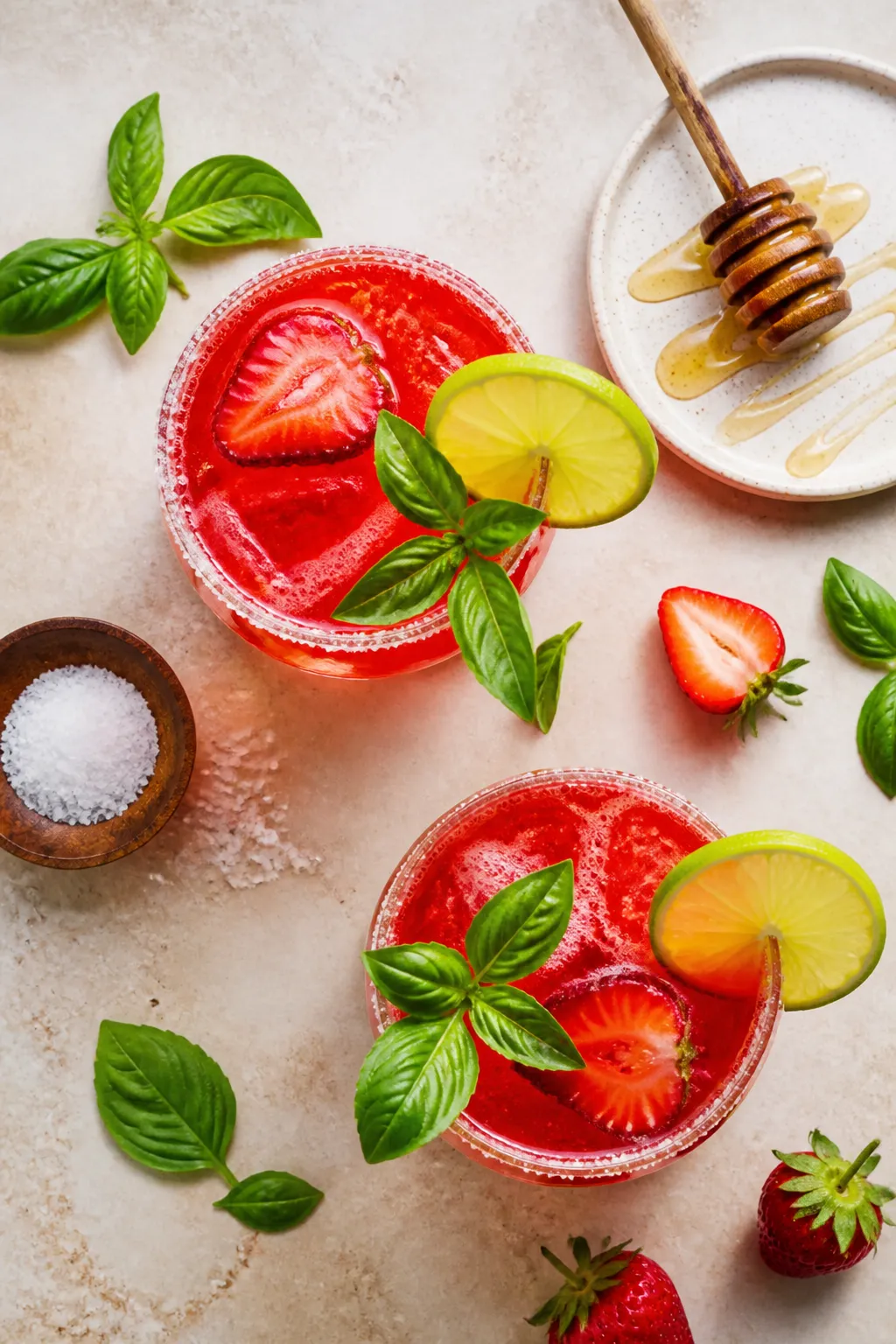 Overhead final presentation: Tasty of two finished strawberry basil margaritas on a light stone surf