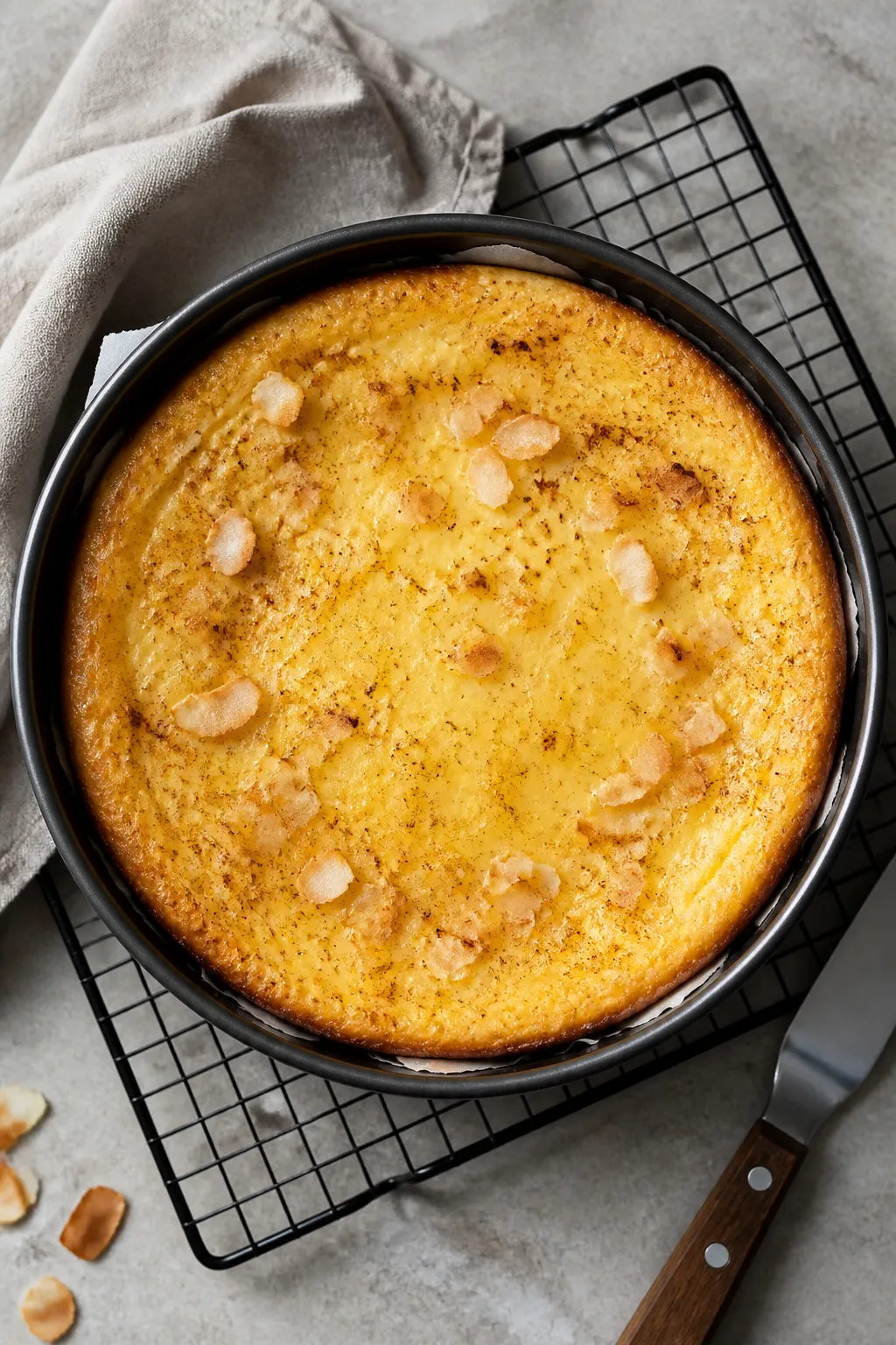 Overhead shot of freshly baked Brazilian Coconut Custard Cake just out of the oven in a 9-inch round