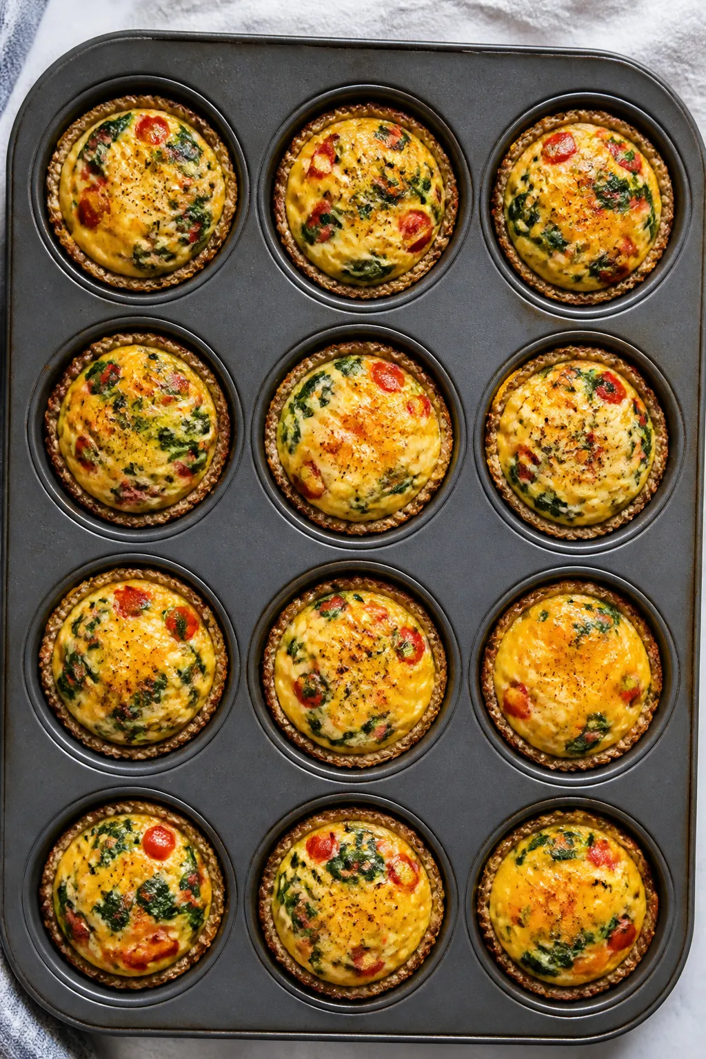 Overhead shot of freshly baked high-protein breakfast pies in a 12-cup muffin tin just out of the ov