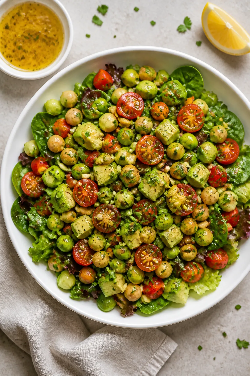 Overhead shot of the finished Healthy High Protein Vegetable Salad in a wide, shallow white bowl: a 