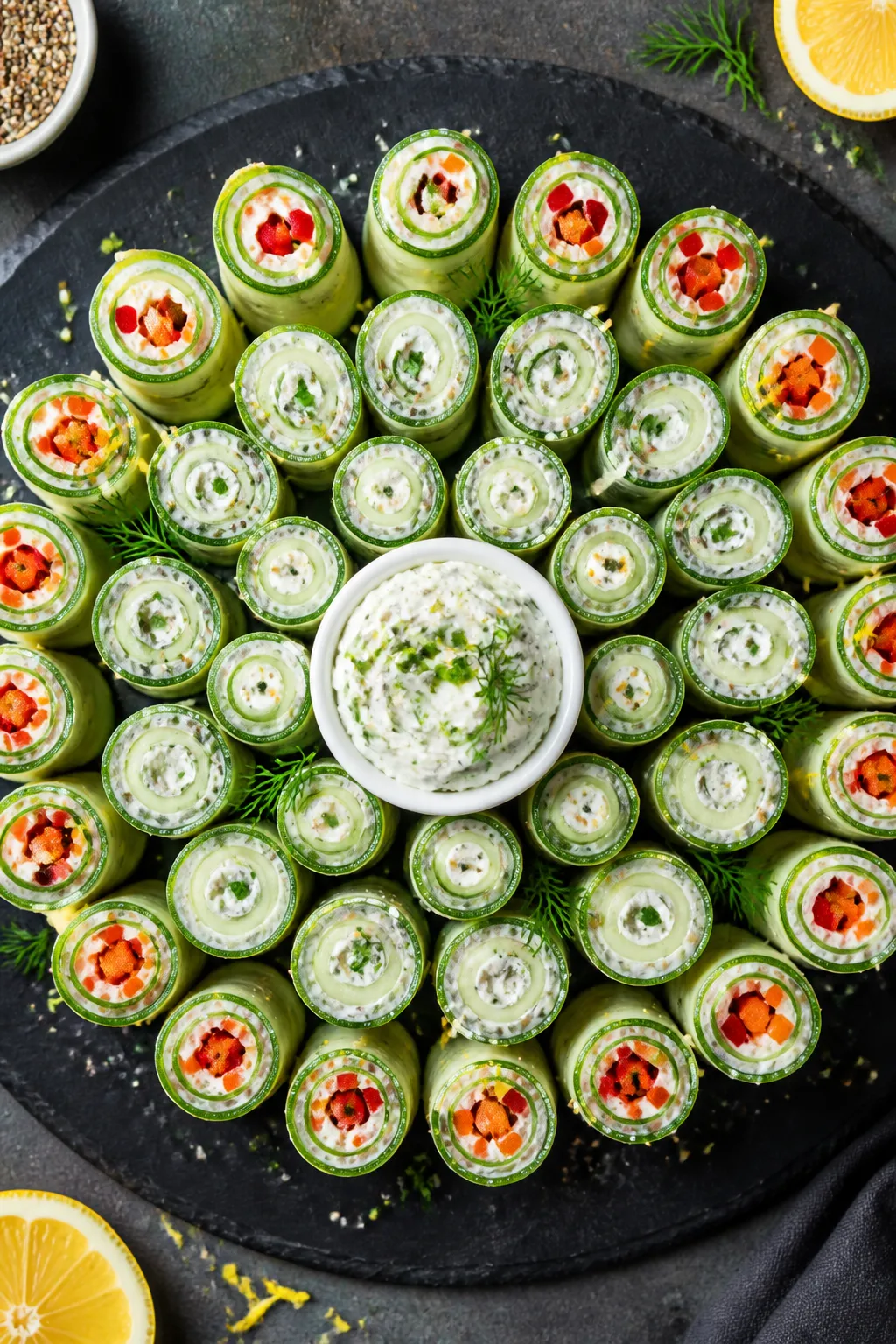 Overhead “tasty top view” of a party-ready platter of cucumber cream cheese rolls arranged in co