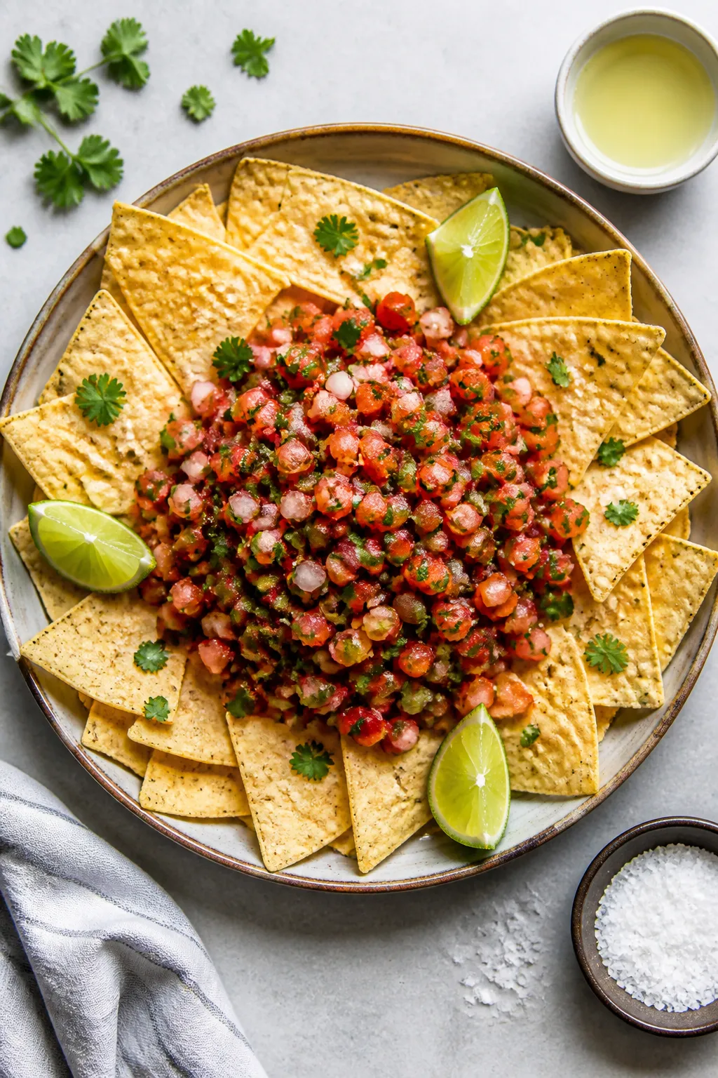 Overhead “tasty top view” of pico de gallo as a final presentation: a wide shallow plate with a 
