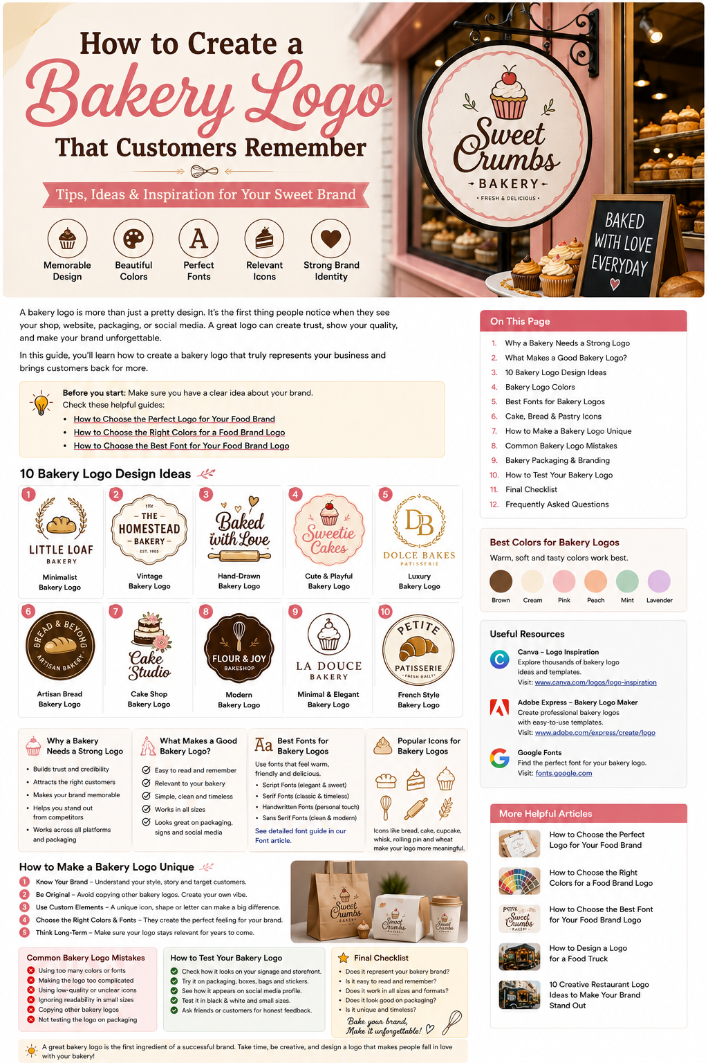 # How to Create a Bakery Logo That Customers Remember Walk into a bakery and you'll probably notice more than the smell of fresh bread and pastries. You notice the sign. Maybe it's a simple name written in elegant lettering. Maybe there's a cute cupcake illustration. Or perhaps the bakery has a vintage-style badge that makes it feel like the business has been around for generations. That first visual impression matters. For a bakery, the logo can appear almost everywhere—from the storefront and menu to cake boxes, coffee cups, stickers, social media, and delivery packaging. A good bakery logo doesn't need to be complicated. It simply needs to feel right for the business and give customers something they can recognize and remember. In this guide, we'll look at how to create a bakery logo that feels professional, appealing, and unique. --- # Why Does a Bakery Need a Strong Logo? A bakery logo is more than a decorative image. It's one of the visual elements customers use to identify your business. Think about everything that might carry your logo: * Shop signage * Cake boxes * Bread bags * Coffee cups * Menus * Social media profiles * Delivery packaging * Staff uniforms * Stickers * Business cards * Your website A consistent logo helps all of these things feel like they belong to the same brand. That's especially important for small bakeries. You may not have a huge advertising budget, so your visual identity needs to do a lot of work for you. If you're still developing your overall food brand, start with our guide **How to Choose the Perfect Logo for Your Food Brand**. [How to Choose the Perfect Logo for Your Food Brand](https://foodbrandlogo.com/how-to-choose-the-perfect-logo-for-your-food-brand/?utm_source=chatgpt.com) --- # What Makes a Good Bakery Logo? There isn't one formula that every bakery should follow. A neighborhood bread shop might need a completely different logo from a luxury cake studio. However, a strong bakery logo usually has a few things in common. It should be: * Easy to recognize * Easy to read * Relevant to the bakery * Simple enough to remember * Suitable for different sizes * Flexible across packaging and digital platforms * Distinctive from competing bakeries Most importantly, the logo should match the personality of the bakery. A playful cupcake shop doesn't need to look like an expensive French pâtisserie. --- # 10 Bakery Logo Design Ideas ## 1. Minimalist Bakery Logo Minimalism can work beautifully for a bakery. Instead of using several illustrations and colors, you could use the bakery name with a small custom symbol. For example, a simple loaf, wheat stalk, rolling pin, or cake outline could be combined with clean typography. This style works particularly well for: * Modern bakeries * Artisan bakeries * Premium cake shops * Contemporary cafés * Online baking businesses The advantage is flexibility. A simple logo can look just as good on a storefront as it does on a small social media profile. --- ## 2. Vintage Bakery Logo Vintage logos can give a bakery a feeling of tradition and craftsmanship. They often use: * Badge shapes * Classic typography * Decorative borders * Wheat illustrations * Warm colors * Established dates This style can be particularly effective for bakeries that want to communicate a homemade or traditional feel. For example, a bakery named "The Old Mill Bakery" could use a classic circular badge with a wheat illustration and traditional lettering. The goal isn't to make the logo look old. It's to make it feel **timeless**. --- ## 3. Hand-Drawn Bakery Logo If your bakery focuses on handmade products, a hand-drawn logo can communicate that feeling immediately. A simple illustration of a rolling pin, loaf of bread, cupcake, or chef's hat can be combined with handwritten typography. This style works well for: * Home bakeries * Artisan bakeries * Small family businesses * Cake studios * Handmade dessert brands The slightly imperfect appearance can actually make the brand feel more personal. Just make sure the bakery name remains readable. --- ## 4. Cute and Playful Bakery Logo A playful logo can be a great choice for a bakery specializing in cupcakes, cookies, children's cakes, or colorful desserts. You might use: * Rounded lettering * Friendly characters * Cupcake illustrations * Hearts * Sprinkles * Soft colors The design should reflect the experience customers get from the bakery. If the products are fun and colorful, the logo can have more personality. If the bakery sells sophisticated wedding cakes, a very playful logo may not be the best match. --- ## 5. Luxury Bakery Logo Not every bakery wants to feel casual. A premium cake studio or high-end pâtisserie may benefit from a more elegant identity. Luxury bakery logos often use: * Refined typography * Minimal layouts * Black * Cream * Gold accents * Elegant symbols * Plenty of spacing The design doesn't need to be complicated. In fact, a simple wordmark in an elegant typeface can often look more premium than a logo filled with decorative elements. --- ## 6. Bread and Wheat Logo Bread and wheat are classic bakery symbols. They immediately communicate something related to baking. But because they're so common, the challenge is making your version distinctive. Instead of using a generic wheat icon, you could: * Turn wheat into a letter * Create an abstract wheat symbol * Combine wheat with the bakery initials * Use a custom illustration * Place the wheat inside a unique badge This gives the logo a connection to baking without making it look like every other bakery logo. --- ## 7. Cake Shop Logo If cakes are your main product, the logo can focus on that specialty. A cake icon, layered cake illustration, or custom cake shape can become the main symbol. This can work especially well for: * Birthday cake businesses * Wedding cake studios * Custom cake shops * Dessert boutiques If your business also sells bread, cookies, and pastries, however, you may want a broader logo that doesn't make customers think you only sell cakes. --- ## 8. Monogram Bakery Logo A monogram uses the initials of the business as the main visual element. For example: **SB** could represent: **Sweet Bakery** The initials can be placed inside a circle, badge, or custom shape. This style works particularly well for premium bakeries and businesses with longer names. A monogram can also be useful for small applications such as: * Cake stickers * Cookie packaging * Social media profile images * Stamps * Aprons * Merchandise --- ## 9. French-Inspired Bakery Logo A French-inspired style can work well for pâtisseries and businesses focused on elegant desserts. You might use: * Refined serif typography * Minimal illustrations * Cream and soft neutral colors * Elegant layouts * Simple pastry symbols The important thing is to make sure the visual style matches the actual bakery. Don't use a French-inspired identity simply because it looks fashionable if your brand has a completely different story. --- ## 10. Modern Artisan Bakery Logo A modern artisan bakery can combine traditional baking with contemporary branding. For example, you could use: **Clean typography + simple bread illustration + earthy colors** This can create a balance between craftsmanship and modern design. It works especially well for bakeries selling: * Sourdough * Artisan bread * Handmade pastries * Specialty coffee * Premium baked goods --- # How to Choose the Right Bakery Logo Style Choosing from ten different styles can make the decision harder rather than easier. So start with your bakery. ## Define Your Brand Personality Write down three to five words that describe your business. For example: **Warm — Handmade — Traditional — Friendly** Or: **Modern — Premium — Elegant — Minimal** Or: **Fun — Colorful — Playful — Creative** Your logo should support those qualities. If your bakery is warm and family-focused, an extremely formal logo may feel out of place. If your bakery sells luxury wedding cakes, a cartoon cupcake might send the wrong message. --- # Think About Your Customers Who buys from your bakery? Are you targeting: * Families? * Young customers? * Wedding clients? * Coffee lovers? * Health-conscious customers? * Premium dessert buyers? * Local neighborhood customers? Different audiences respond to different visual styles. A children's cake business can be colorful and playful. A premium wedding cake studio may need something more elegant. Your logo should make sense to the people you want to attract. --- # Choose Bakery Logo Colors Carefully Color can completely change the personality of a bakery logo. Some common combinations include: ### Brown + Cream Warm, traditional, and closely connected with bread and coffee. ### Pink + Cream Soft, friendly, and suitable for desserts or cake businesses. ### Green + Beige Natural and artisan-inspired. ### Black + Gold Premium and sophisticated. ### Peach + White Friendly, modern, and warm. ### Red + Cream Energetic and traditional. There are no strict rules. The important thing is to choose colors that support your brand. For a deeper look at food branding colors, read **How to Choose the Right Colors for a Food Brand Logo**. [How to Choose the Right Colors for a Food Brand Logo](https://foodbrandlogo.com/how-to-choose-the-right-colors-for-a-food-brand-logo/?utm_source=chatgpt.com) --- # Choose a Font That Matches the Bakery Typography is another major part of your bakery logo. A handwritten font can make a small bakery feel personal. A serif font can create a traditional or elegant appearance. A clean sans-serif can make a modern bakery feel fresh and contemporary. A playful display font can work well for cupcakes and desserts. But don't sacrifice readability for style. A customer should be able to understand your bakery name quickly. For more guidance, read **How to Choose the Best Font for Your Food Brand Logo**. [How to Choose the Best Font for Your Food Brand Logo](https://foodbrandlogo.com/how-to-choose-the-best-font-for-your-food-brand-logo/?utm_source=chatgpt.com) --- # Use Bakery Icons Carefully There are many obvious bakery symbols: * Cupcakes * Cakes * Bread * Wheat * Rolling pins * Whisks * Ovens * Croissants * Cookies These can be useful, but they're also very common. If you use one, try to make it unique. For example, instead of putting a basic cupcake next to your business name, you could integrate the cupcake into a letter or create a custom illustrated version. The goal is to communicate **bakery** while still creating something people can associate with your specific business. --- # How to Make Your Bakery Logo Unique ## 1. Create a Custom Element A small custom detail can make a big difference. It could be: * A unique letter * A custom icon * A special shape * A small illustration * A distinctive border ## 2. Avoid Copying Competitors Look at other bakery logos for research, but don't copy their visual identity. If every bakery around you uses a cupcake inside a circle, consider a different approach. ## 3. Tell Your Story Does your bakery have a family history? Do you specialize in traditional recipes? Did the business start from a home kitchen? Does the founder have a unique baking story? A logo can subtly reflect that story. ## 4. Think Long-Term Your bakery may grow. You could add cafés, packaged products, catering, or online sales. Choose a logo that can grow with the business. --- # Bakery Packaging and Branding A bakery logo needs to work beyond the storefront. Imagine your logo printed on: * Cake boxes * Bread bags * Coffee cups * Cookie boxes * Paper bags * Stickers * Tissue paper * Delivery packaging A logo that looks great on a large sign might become difficult to recognize on a small sticker. That's why you should test your logo in different sizes before finalizing it. Adobe Express offers logo creation tools and templates that allow users to experiment with different icons, colors, fonts, and logo variations. [Adobe Express Logo Maker](https://www.adobe.com/express/create/logo?msockid=1b9ac61c1af76e392d28d0ee1bd76f58&utm_source=chatgpt.com) --- # Make Sure Your Logo Works Online Your bakery probably needs a strong online presence too. Your logo may appear as: * Instagram profile image * Facebook profile image * Website logo * Google Business profile image * Delivery app profile * Social media watermark This means your logo needs to remain recognizable when it's very small. A complicated illustration may look beautiful on your storefront but disappear when reduced to a tiny profile image. A simplified icon or monogram can help solve this problem. --- # Common Bakery Logo Mistakes ## Using Too Many Colors More colors don't necessarily make a logo more attractive. A simple palette is usually easier to manage. ## Making the Logo Too Detailed Small details can disappear when the logo is printed. ## Choosing an Unreadable Font A decorative font isn't useful if customers can't read the bakery name. ## Copying Other Bakeries Your logo should help customers distinguish your business. ## Using Generic Icons A basic cupcake or chef hat may not make your bakery memorable. ## Ignoring Packaging Always test the logo on the actual products and packaging customers will see. ## Designing Only for a Large Sign Your logo also needs to work on mobile screens, stickers, social media, and small printed materials. --- # How to Test Your Bakery Logo Before you finalize the design, test it in real situations. ### Test 1: Storefront Does it look clear from across the street? ### Test 2: Cake Box Does the logo still look good when printed on packaging? ### Test 3: Social Media Can you recognize it when it's displayed as a small profile image? ### Test 4: Black and White Does the logo still work without color? ### Test 5: Small Size Does the bakery name remain readable? ### Test 6: Different Backgrounds Does the logo work on both light and dark surfaces? Getting honest feedback from a few potential customers can also help. Instead of asking only, "Do you like it?", ask what kind of bakery they think the logo represents. That answer can be much more useful. --- # 10 Bakery Logo Concepts to Try If you're still brainstorming, try creating these ten directions: 1. **Minimalist Bread Logo** 2. **Vintage Bakery Badge** 3. **Hand-Drawn Cake Logo** 4. **Cute Cupcake Logo** 5. **Luxury Pâtisserie Logo** 6. **Modern Artisan Bakery Logo** 7. **Wheat and Bread Logo** 8. **Bakery Monogram** 9. **French-Inspired Pâtisserie Logo** 10. **Playful Dessert Shop Logo** You don't have to use the first concept you create. Try several directions and compare them side by side. For broader food logo inspiration, you can also read **10 Best Food Logo Design Ideas to Inspire Your Brand**. [10 Best Food Logo Design Ideas to Inspire Your Brand](https://foodbrandlogo.com/10-best-food-logo-design-ideas-to-inspire-your-brand/?utm_source=chatgpt.com) --- # Final Bakery Logo Checklist Before choosing your final design, ask: **✓ Does the logo feel like my bakery?** **✓ Is the bakery name easy to read?** **✓ Is the design easy to remember?** **✓ Does it work at small sizes?** **✓ Does it look good on packaging?** **✓ Does it work on social media?** **✓ Are the colors appropriate for my brand?** **✓ Does the font match my bakery's personality?** **✓ Is the design different from competitors?** **✓ Can the logo grow with my business?** If most of the answers are yes, you're probably heading in the right direction. --- # Final Thoughts Creating a bakery logo isn't about putting a cupcake next to your business name and calling it done. A memorable logo comes from understanding the bakery first. Think about your products. Think about your customers. Think about the personality you want your business to have. Then choose colors, typography, and imagery that support that personality. Keep the design simple enough to work everywhere, but distinctive enough that customers can recognize it. Your bakery logo may eventually appear on hundreds or thousands of boxes, cups, bags, menus, and social media posts. So take your time and create something that feels genuinely connected to your business. **The best bakery logo isn't just the one that looks delicious. It's the one customers remember